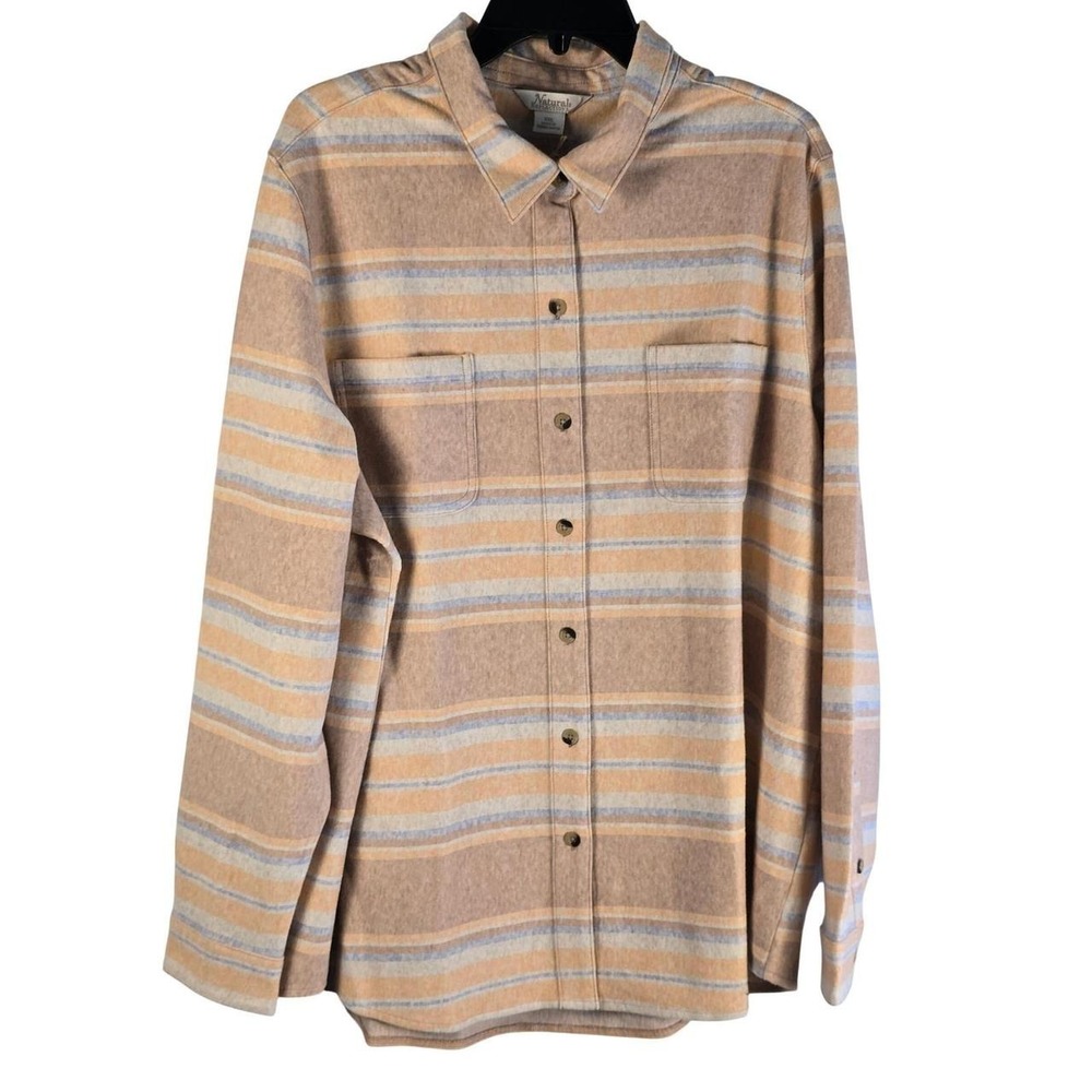 Natural Reflections Womens XXL Striped Button Down Shirt Tan Peach Blue NWT